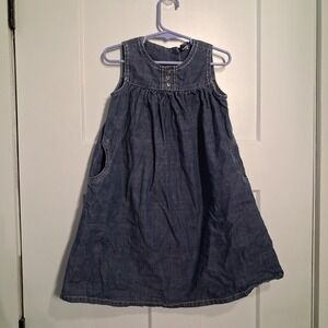 Vintage Baby Gap Toddler Girls Denim Chambray Dress Heart Buttons Pink Stitching